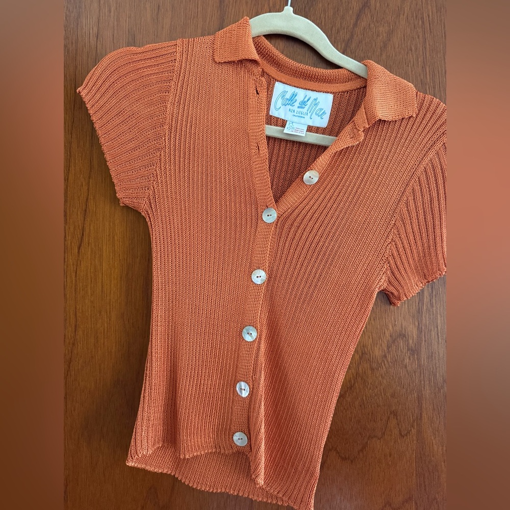 Calle Del Mar Orange Short Sleeve Button-Up Cardigan Polo Top